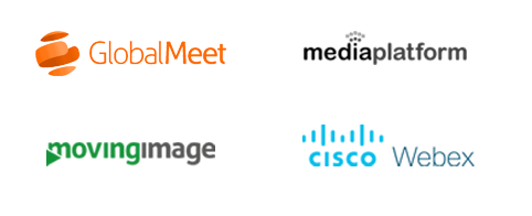 Logos for GlobalMeet, mediaplatform, movingimage, Cisco Webex